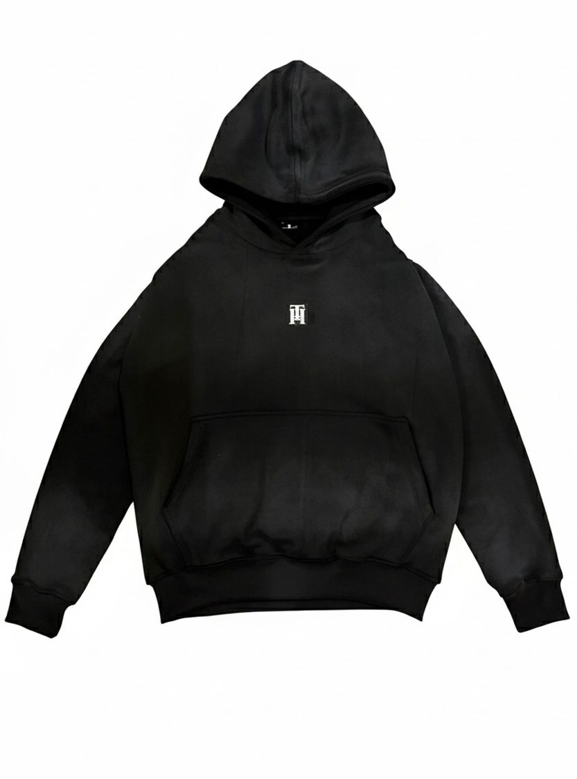 black. raw. sunfade hoodie. 500 GSM Fleece.